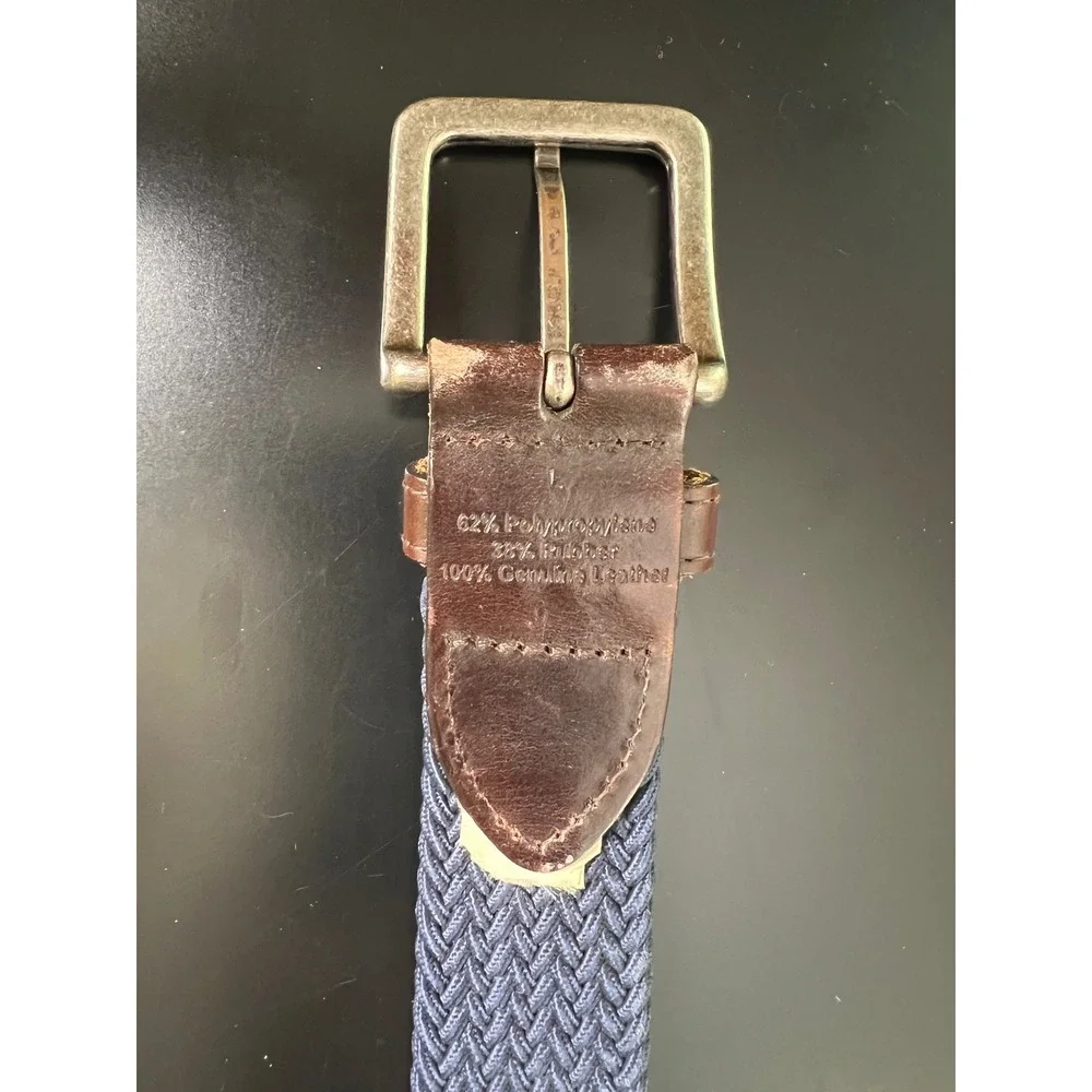 Mens Navy Blue Woven Elastic Stretch Belt Leather Trim Silver Buckle L 45 Inch